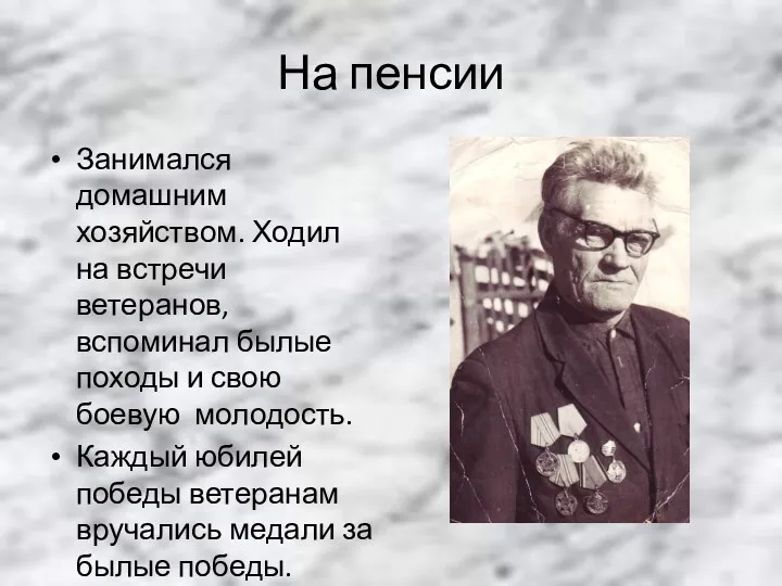 На пенсии Занимался домашним хозяйством. Ходил на встречи ветеранов, вспоминал