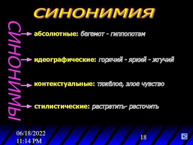 06/18/2022 11:14 PM синонимия СИНОНИМЫ абсолютные: бегемот - гиппопотам идеографические: