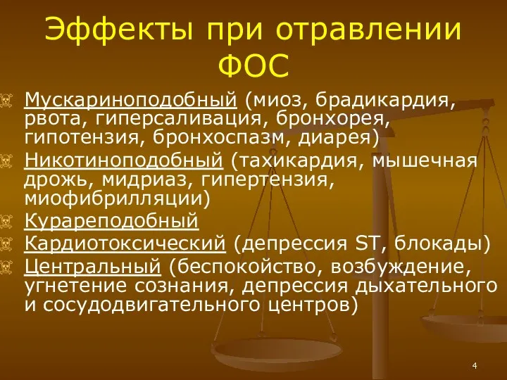 Эффекты при отравлении ФОС Мускариноподобный (миоз, брадикардия, рвота, гиперсаливация, бронхорея,