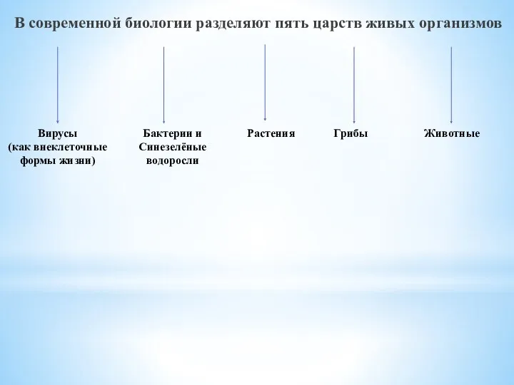 В современной биологии разделяют пять царств живых организмов