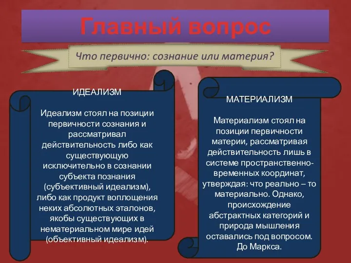 Главный вопрос философии МАТЕРИАЛИЗМ Материализм стоял на позиции первичности материи,