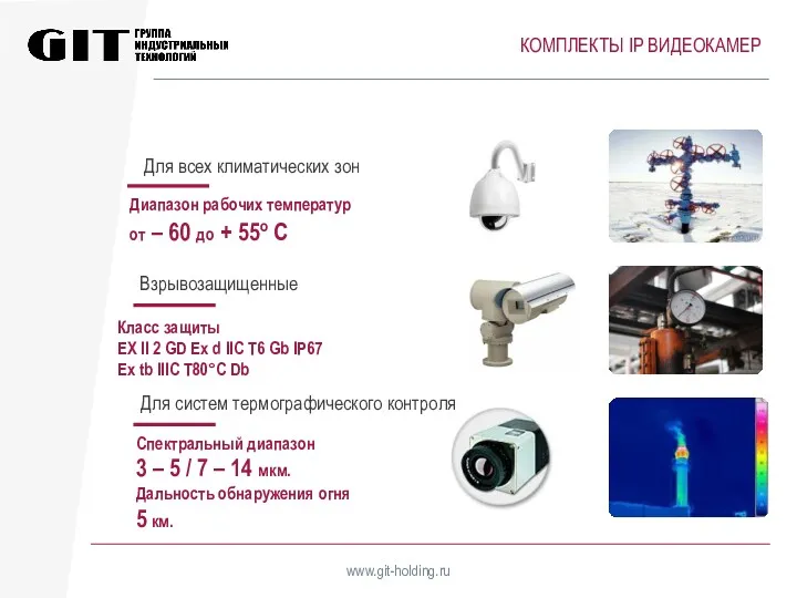 КОМПЛЕКТЫ IP ВИДЕОКАМЕР www.git-holding.ru Для всех климатических зон Взрывозащищенные Для систем термографического контроля