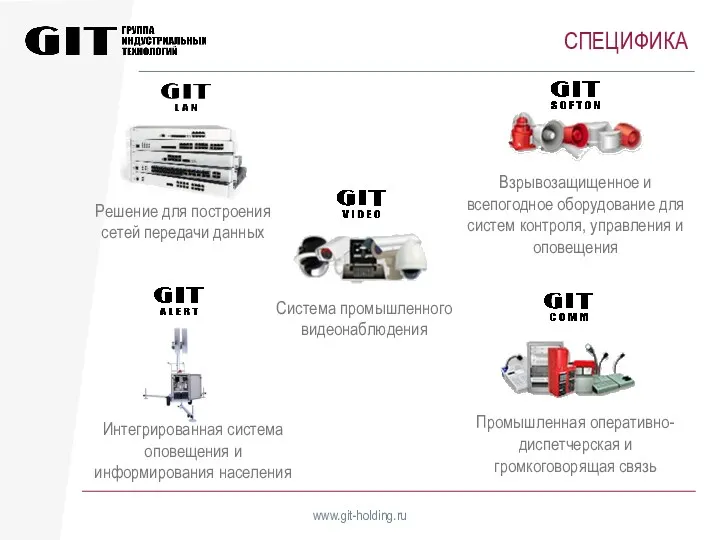 СПЕЦИФИКА www.git-holding.ru Система промышленного видеонаблюдения Промышленная оперативно-диспетчерская и громкоговорящая связь Взрывозащищенное и всепогодное