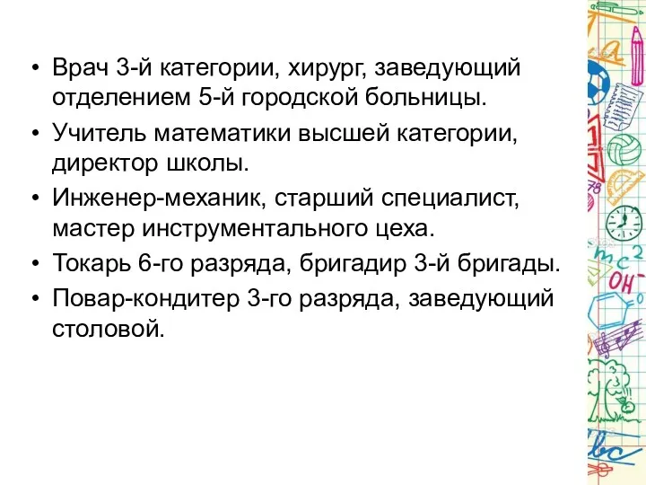 Врач 3-й категории, хирург, заведующий отделением 5-й городской больницы. Учитель