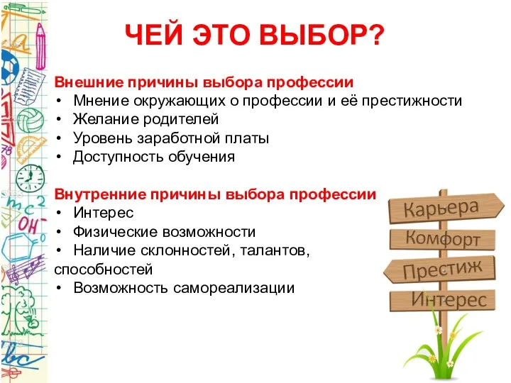 ЧЕЙ ЭТО ВЫБОР? Внешние причины выбора профессии Мнение окружающих о