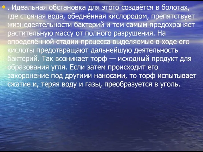 . Идеальная обстановка для этого создаётся в болотах, где стоячая