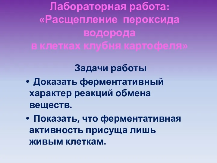 Лабораторная работа: «Расщепление пероксида водорода в клетках клубня картофеля» Задачи