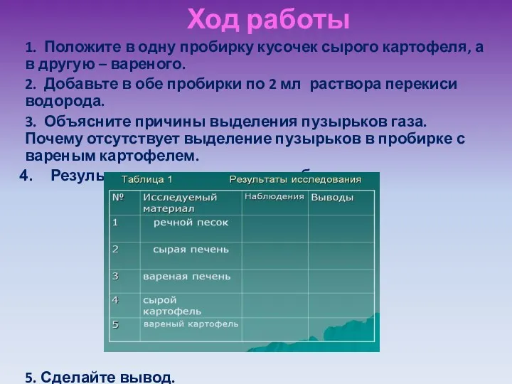 Ход работы 1. Положите в одну пробирку кусочек сырого картофеля,