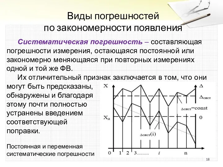 Виды погрешностей по закономерности появления Систематическая погрешность – составляющая погрешности