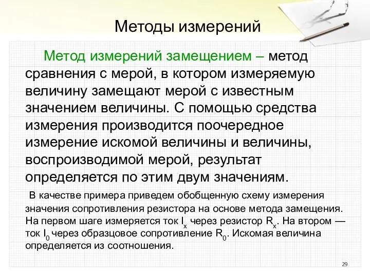 Методы измерений Метод измерений замещением – метод сравнения с мерой,