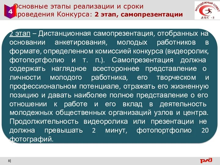 Основные этапы реализации и сроки проведения Конкурса: 2 этап, самопрезентации