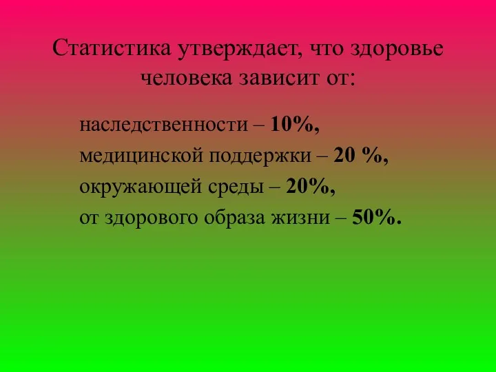 Статистика утверждает, что здоровье человека зависит от: наследственности – 10%,