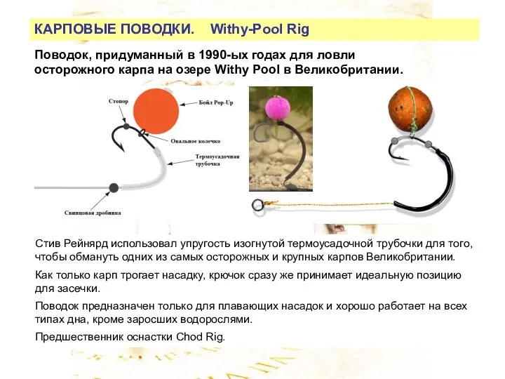 КАРПОВЫЕ ПОВОДКИ. Withy-Pool Rig Стив Рейнярд использовал упругость изогнутой термоусадочной