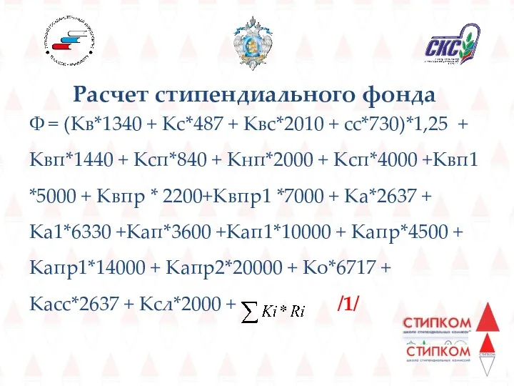 Расчет стипендиального фонда Ф = (Кв*1340 + Кс*487 + Квс*2010