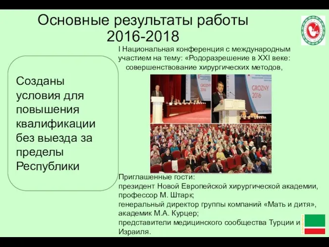 Основные результаты работы 2016-2018 I Национальная конференция с международным участием