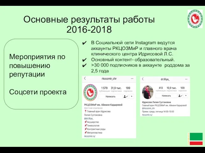 Основные результаты работы 2016-2018 В Социальной сети Instagram ведутся аккаунты