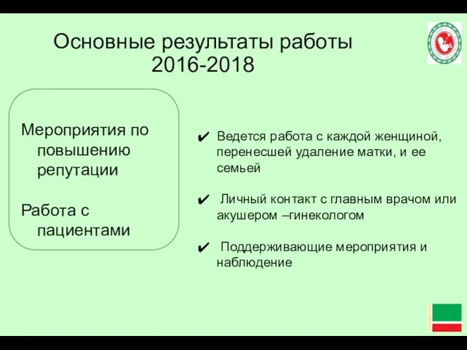 Основные результаты работы 2016-2018 Ведется работа с каждой женщиной, перенесшей