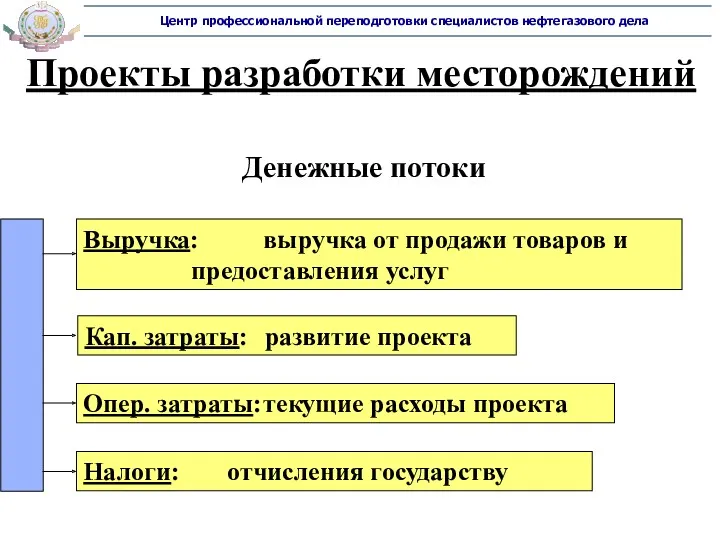 Проекты разработки месторождений Денежные потоки Выручка: выручка от продажи товаров