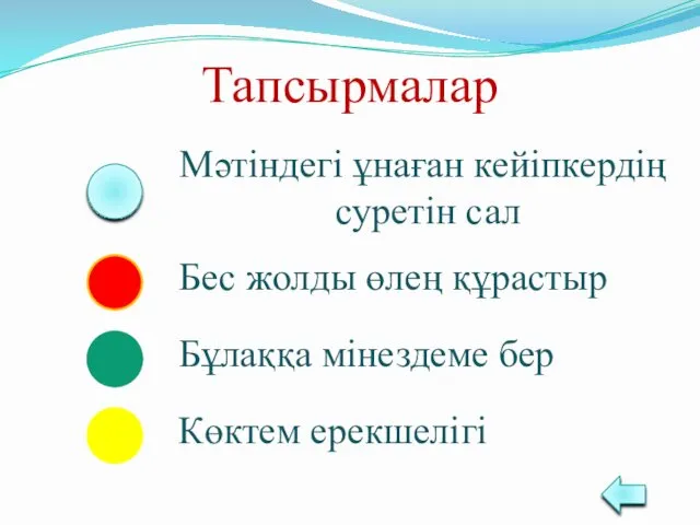 Тапсырмалар Мәтіндегі ұнаған кейіпкердің суретін сал Бес жолды өлең құрастыр Бұлаққа мінездеме бер Көктем ерекшелігі