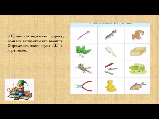 - Щенок нам подскажет дорогу, если мы выполним его задание. Определить место звука «Щ» в картинках.