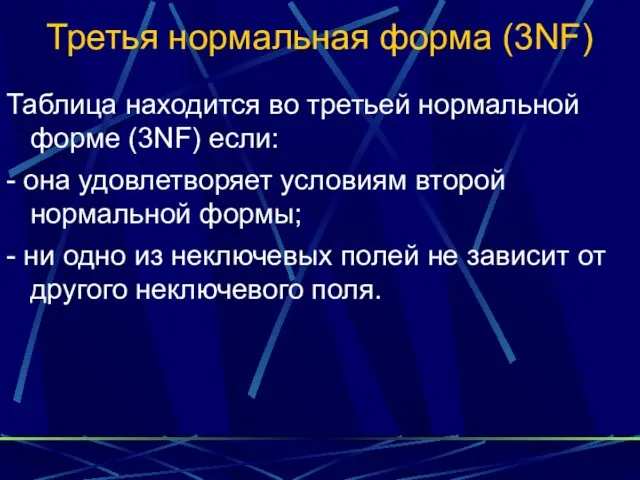 Третья нормальная форма (3NF) Таблица находится во третьей нормальной форме