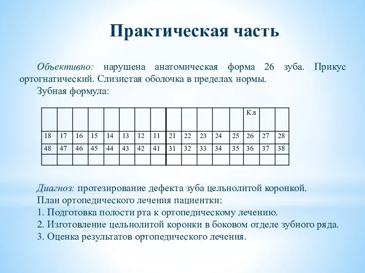 Практическая часть Объективно: нарушена анатомическая форма 26 зуба. Прикус ортогнатический.