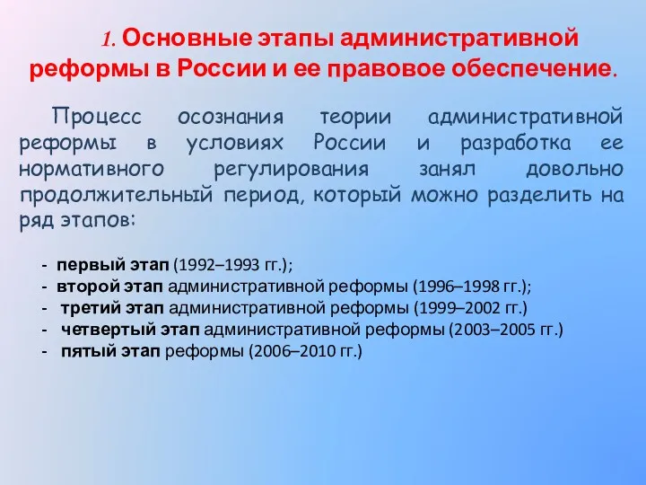 Процесс осознания теории административной реформы в условиях России и разработка