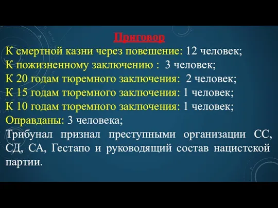 Приговор К смертной казни через повешение: 12 человек; К пожизненному заключению : 3