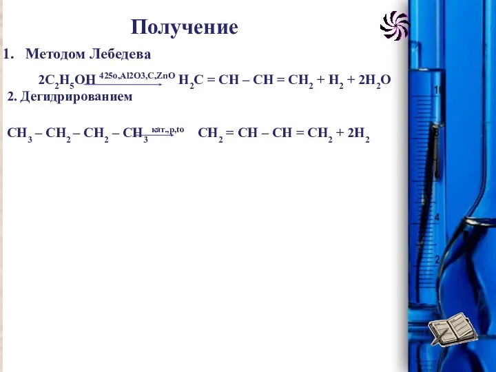 Методом Лебедева 2C2H5ОH 425o,Al2O3,C,ZnO H2C = CH – CH =