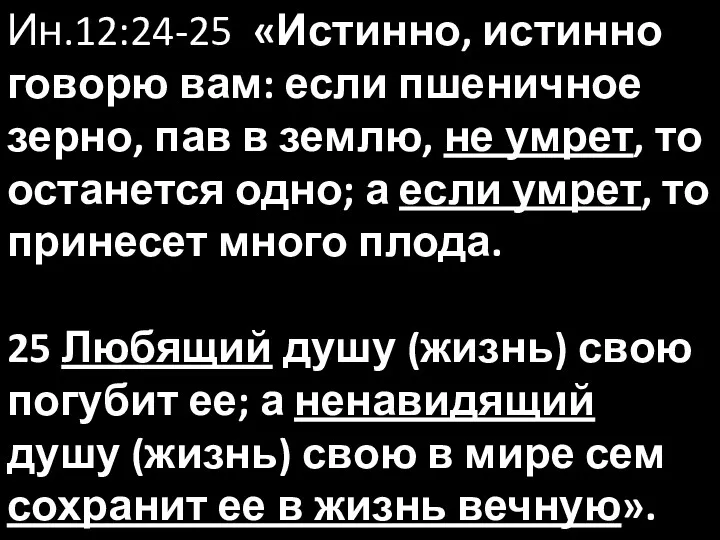 Ин.12:24-25 «Истинно, истинно говорю вам: если пшеничное зерно, пав в