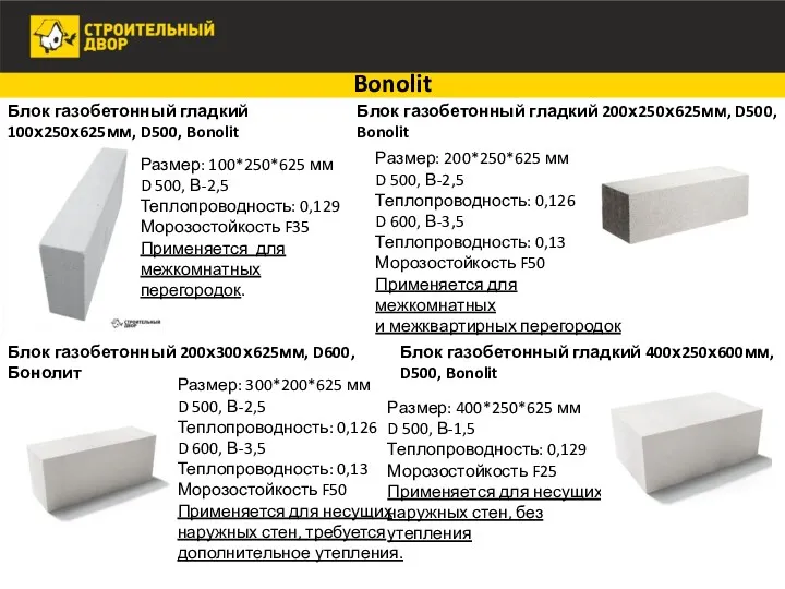 Bonolit Размер: 100*250*625 мм D 500, В-2,5 Теплопроводность: 0,129 Морозостойкость F35 Применяется для