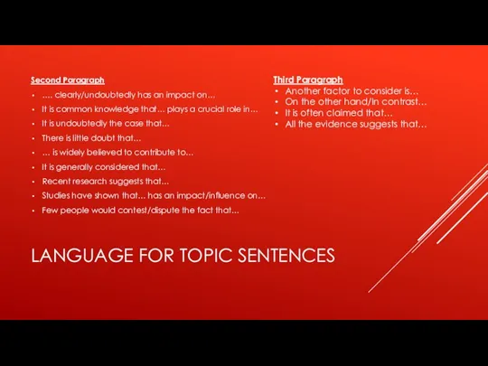 LANGUAGE FOR TOPIC SENTENCES Second Paragraph …. clearly/undoubtedly has an