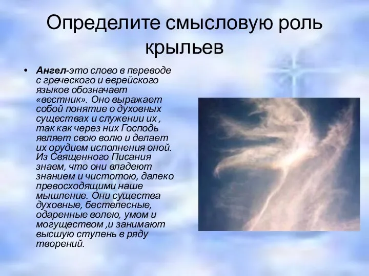 Определите смысловую роль крыльев Ангел-это слово в переводе с греческого