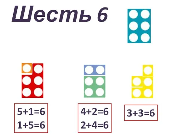 Шесть 6 5+1=6 1+5=6 3+3=6 4+2=6 2+4=6