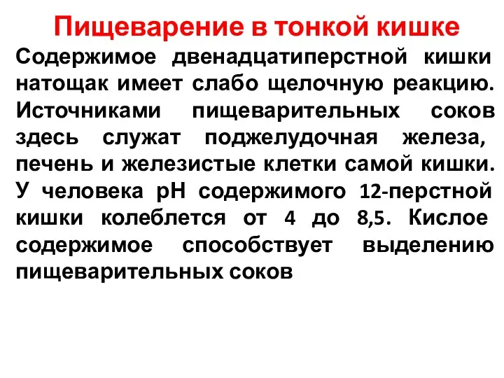 Пищеварение в тонкой кишке Содержимое двенадцатиперстной кишки натощак имеет слабо