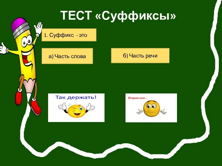 ТЕСТ «Суффиксы» 1. Суффикс - это а) Часть слова б) Часть речи