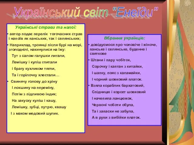 Український світ "Енеїди" Українські страви та напої: автор подає перелік