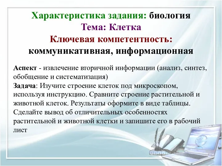 Характеристика задания: биология Тема: Клетка Ключевая компетентность: коммуникативная, информационная Аспект