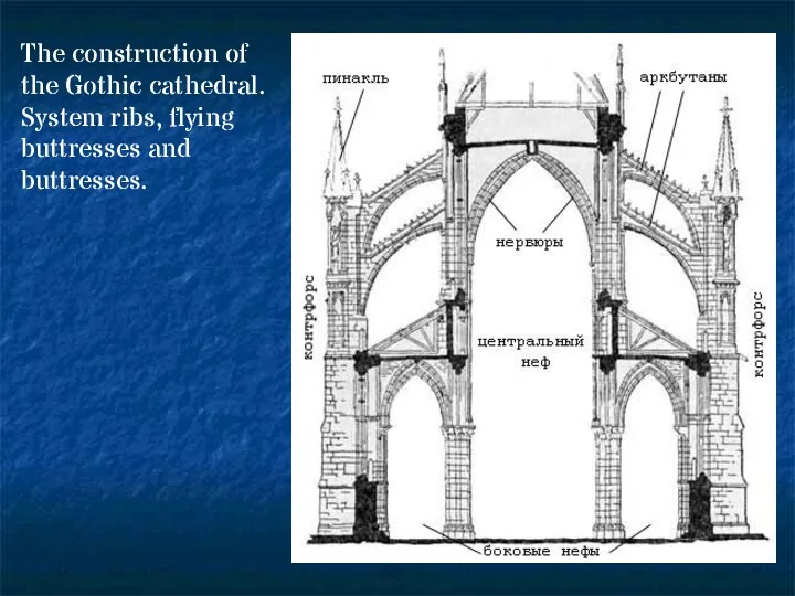 The construction of the Gothic cathedral. System ribs, flying buttresses and buttresses.