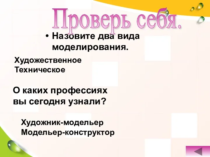 Назовите два вида моделирования. Проверь себя. О каких профессиях вы сегодня узнали? Художественное Техническое Художник-модельер Модельер-конструктор