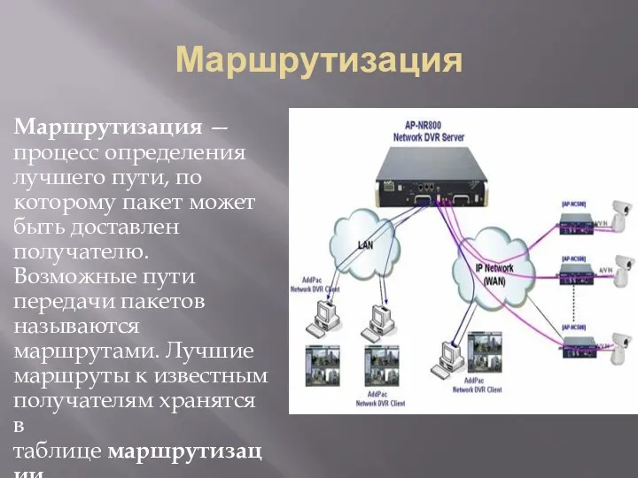 Маршрутизация Маршрутизация — процесс определения лучшего пути, по которому пакет