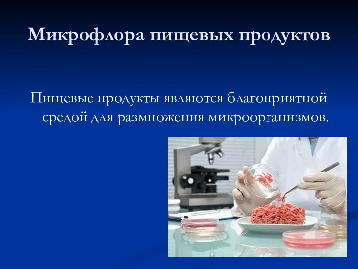 Микрофлора пищевых продуктов Пищевые продукты являются благоприятной средой для размножения микроорганизмов.