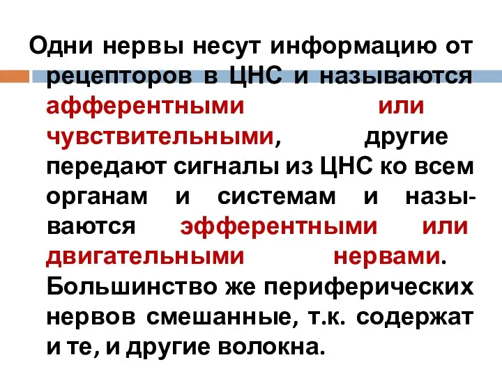 Одни нервы несут информацию от рецепторов в ЦНС и называются