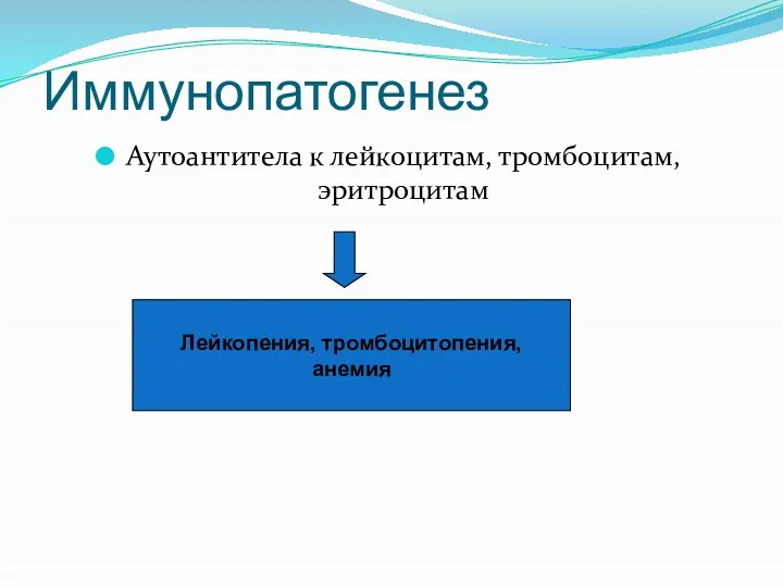 Иммунопатогенез Аутоантитела к лейкоцитам, тромбоцитам, эритроцитам Лейкопения, тромбоцитопения, анемия