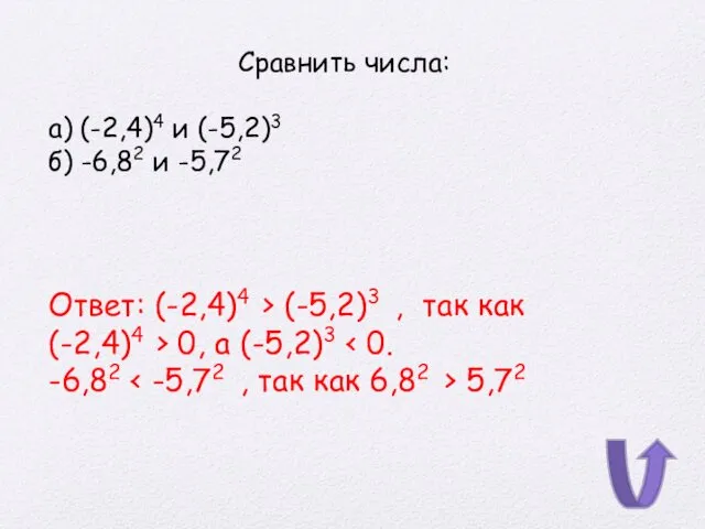 Сравнить числа: а) (-2,4)4 и (-5,2)3 б) -6,82 и -5,72