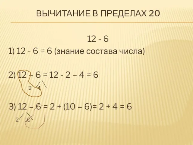 ВЫЧИТАНИЕ В ПРЕДЕЛАХ 20 12 - 6 1) 12 -