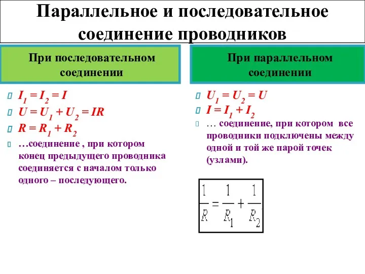 Параллельное и последовательное соединение проводников При последовательном соединении При параллельном