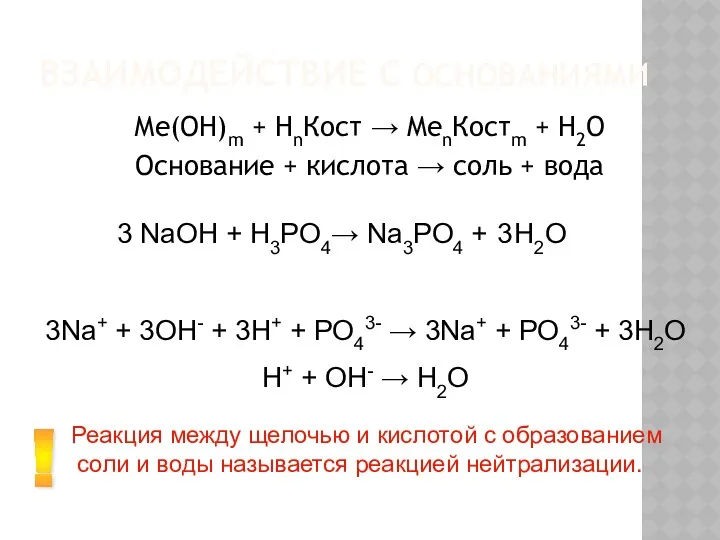 ВЗАИМОДЕЙСТВИЕ С ОСНОВАНИЯМИ Ме(ОН)m + НnКост → MenКостm + H2O