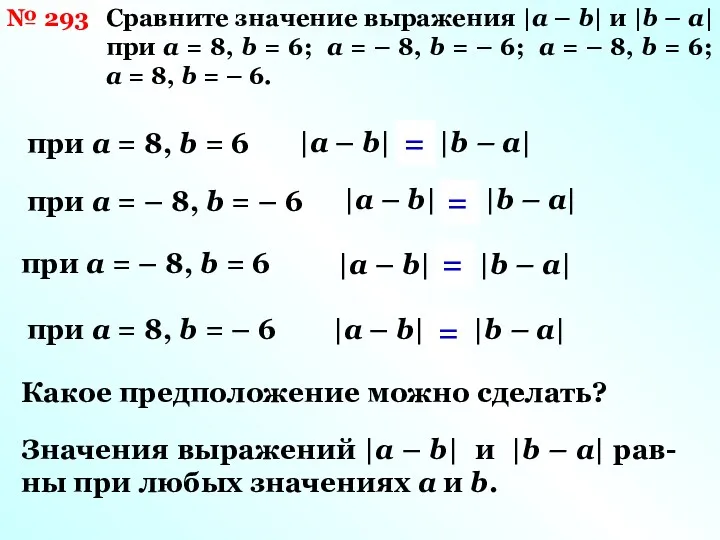 № 293 Сравните значение выражения |a – b| и |b