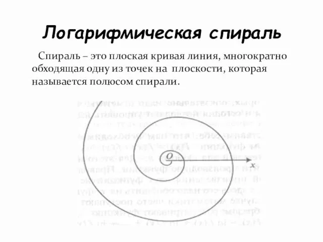 Логарифмическая спираль Спираль – это плоская кривая линия, многократно обходящая